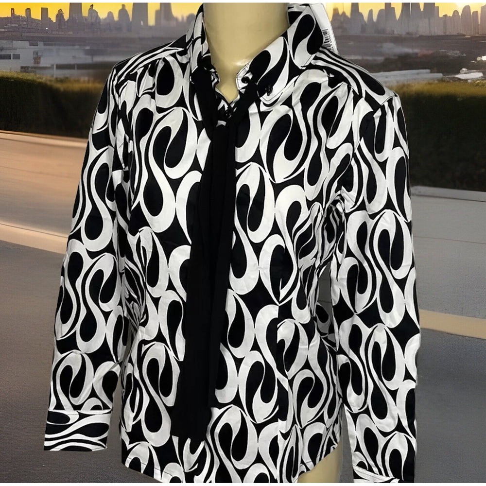 Naracamicie Womens Blouse Deco Pattern Tie Bow Button Front Long Sleeve Top S
